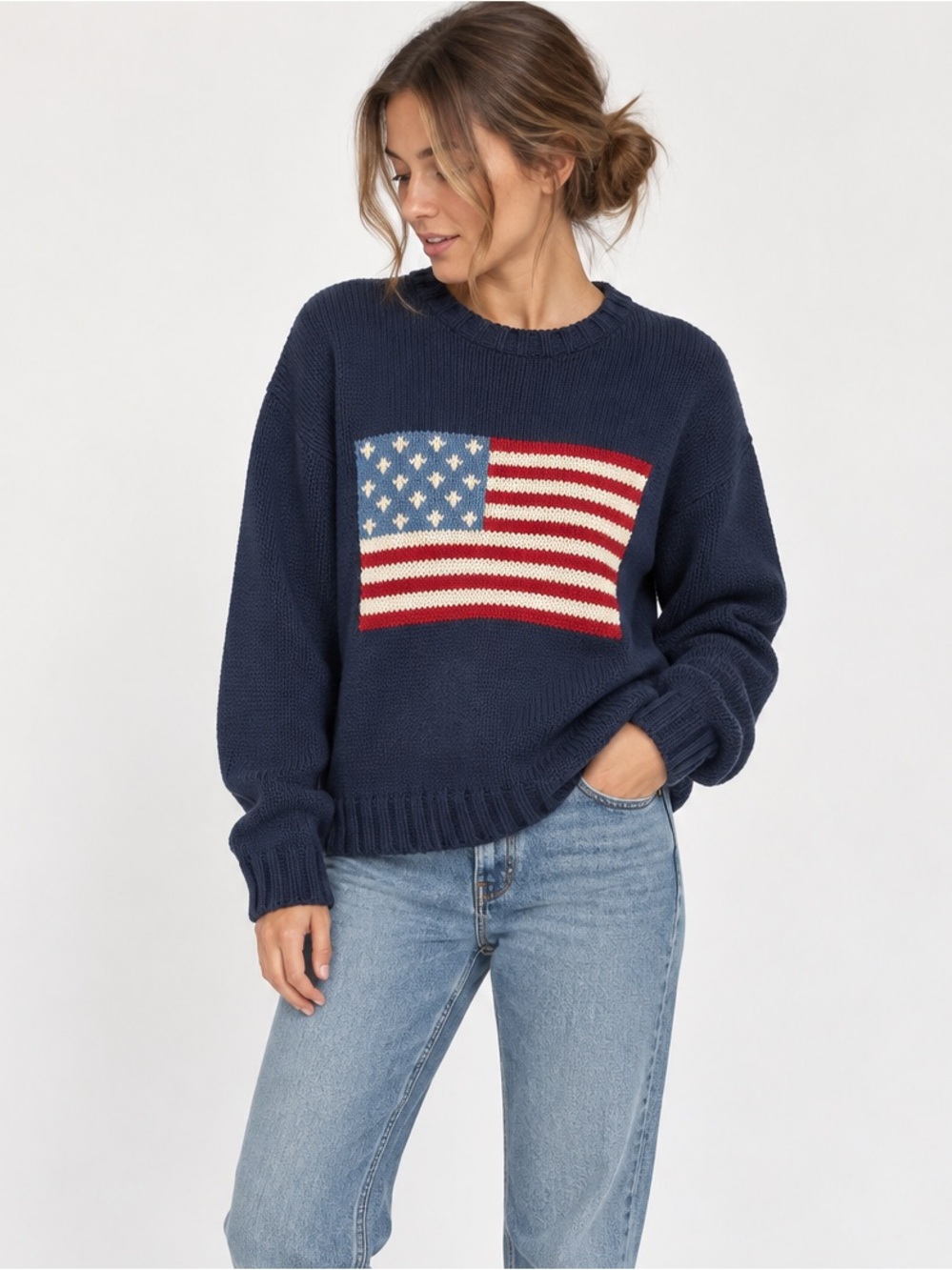 Vintage Coldwater Creek American Flag Knit Sweater Petite Small PS USA